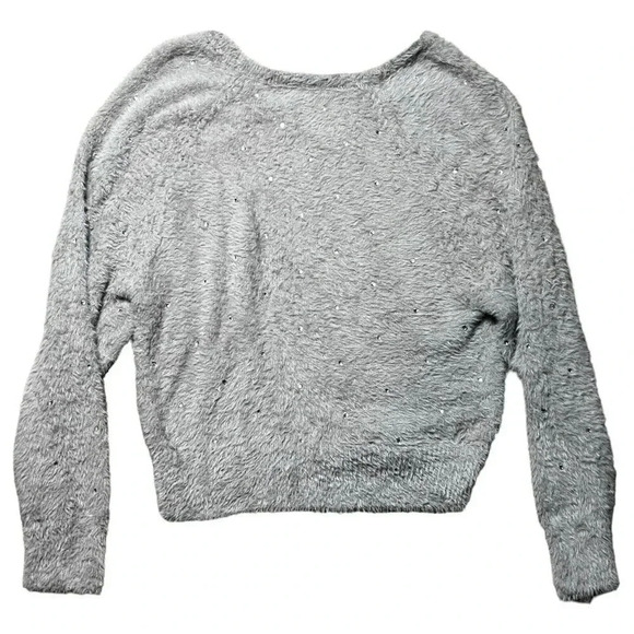 Express Womens Fuzzy Gray Oversized Sweater Soft Rhinestones V Neck Size XS - Picture 5 of 9
